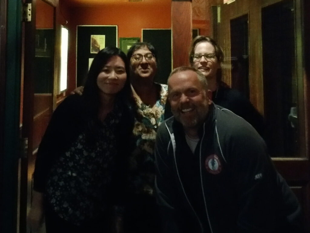 Jeanne Sinclair, Mayo Kawaguchi, Eve Haque, and Jeff Bale at the pub after the project's first presentations at the Mutlidisciplinary Approaches in Language Policy & Planning Conference in Calgary, AB, August 2016