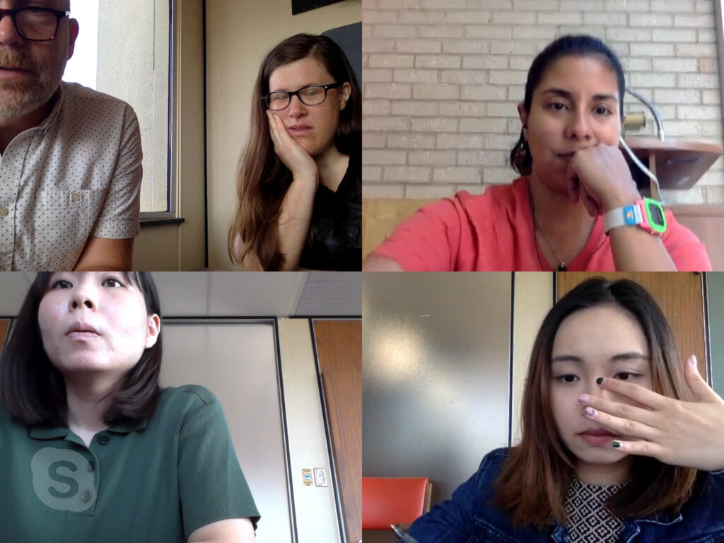Michelle Yanes, Yingjia Zhang, Jennifer Burton, Mayo Kawaguchi, and Jeff Bale in an accidental screenshot from a research-team meeting on Skype, talking through the (clearly!) daunting task of data management and analysis